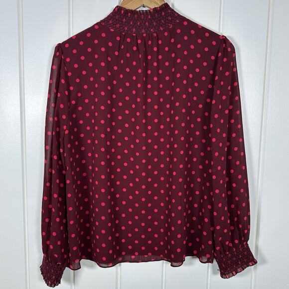J. Crew Top Medium Red Pink Smocked Dot Crinkle Chiffon Top Holidays AC669 - Picture 6 of 6